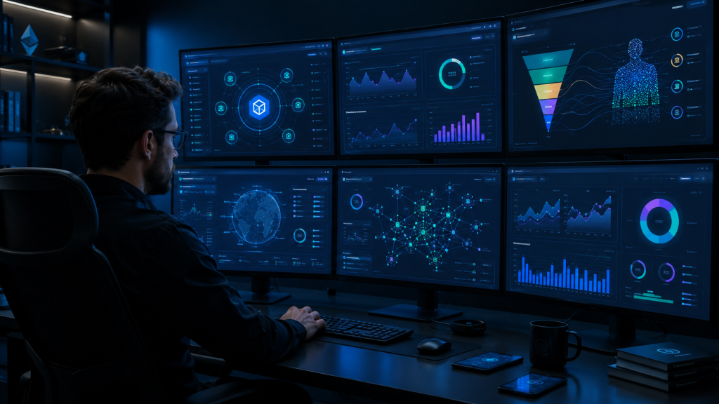 blockchain SEO agency dashboard showing SEO for blockchain dApp indexing YMYL compliance on-chain attribution and AI search visibility for cryptocurrency projects